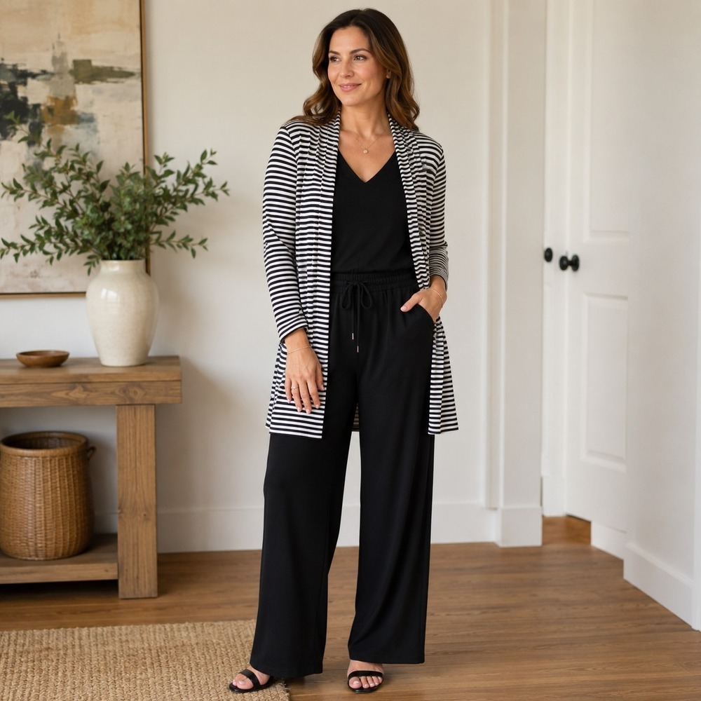 J. Jill Wearever Petite Large PL Women's Cardigan Black White Striped Open Front